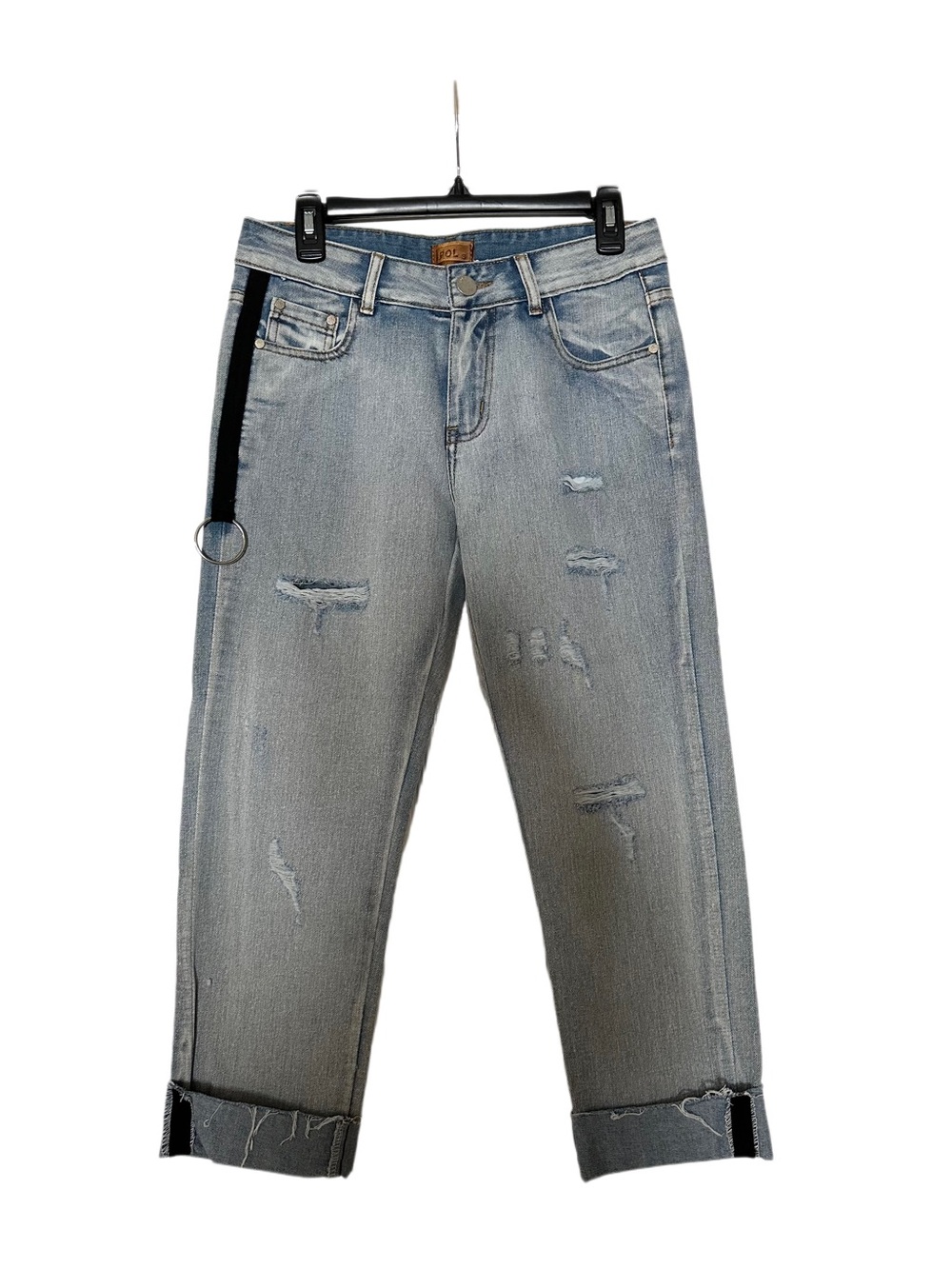 New POL Premium Denim Distressed Boyfriend Cropped Jeans Light Wash O-Ring Belt